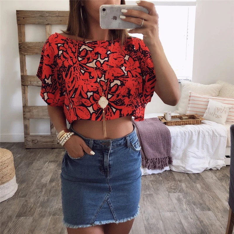 Summer Sexy Bohemia Style Women T-shirts O-Neck Short Batwing Sleeve Tees Geometric Print Tee Vocation Casual Nightclub Top |