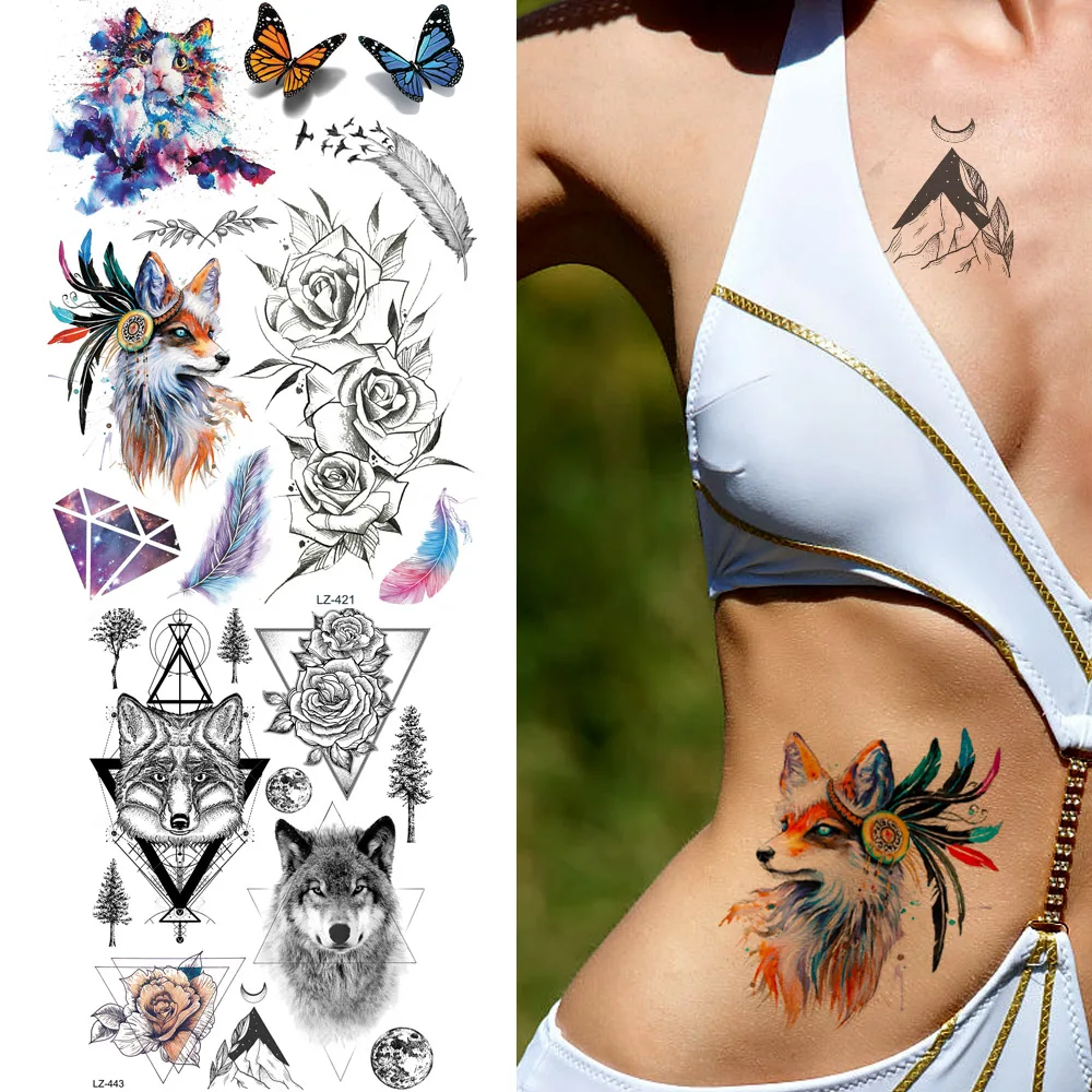REJASKI Tribal Fox индийские временные татуировки в виде листьев розы для женщин