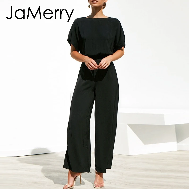 JaMerry винтажный однотонный черный женский комбинезон летний короткий рукав