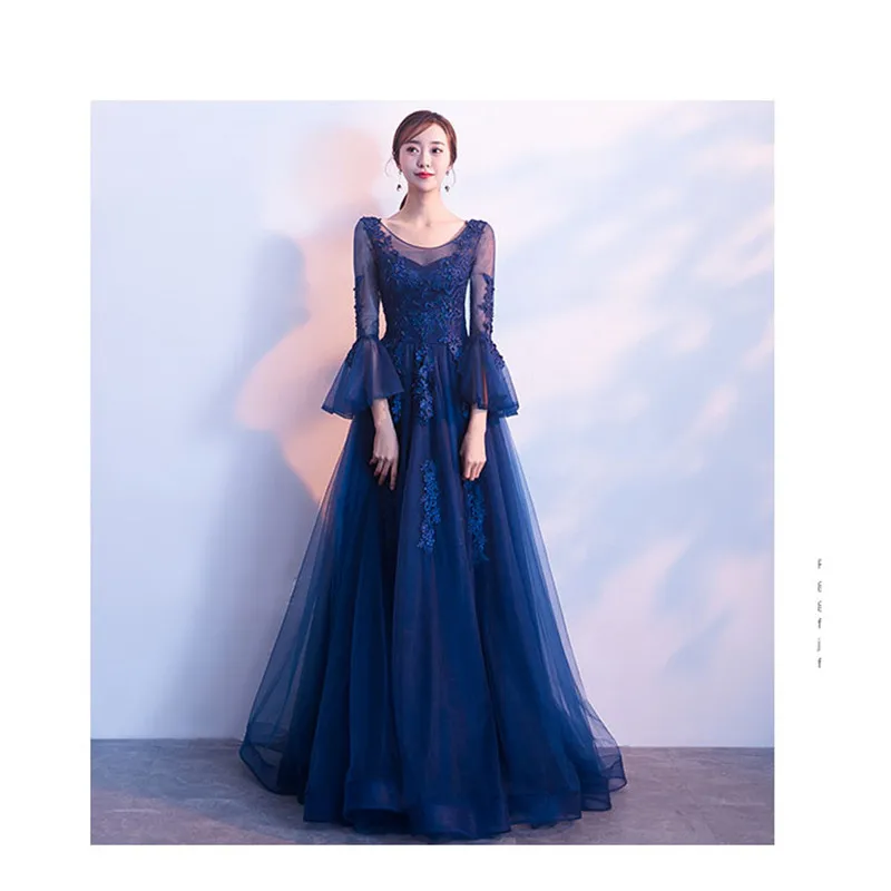 Royal Blue Это YiiYa вечернее платье Королевское синее с вышивкой, приталенное длинное женское вечернее платье с расклешенными рукавами, платье для вечеринки размера плюс E501 - Цвет: Royal Blue
