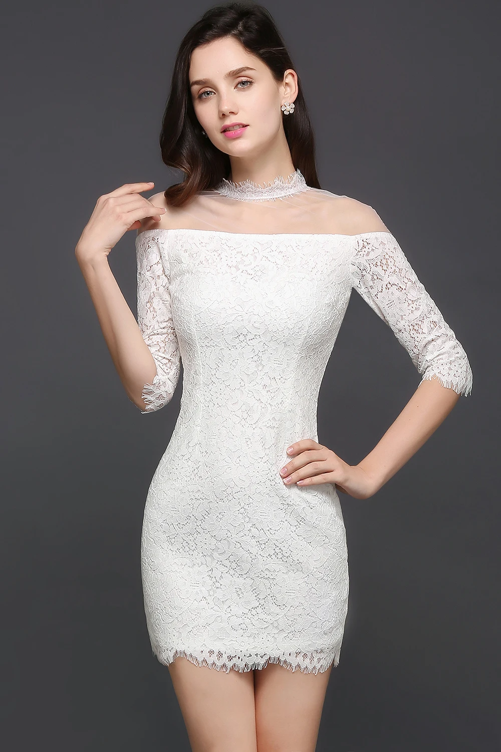 Кружевное мини-платье для выпускного вечера с коротким рукавом Прозрачное