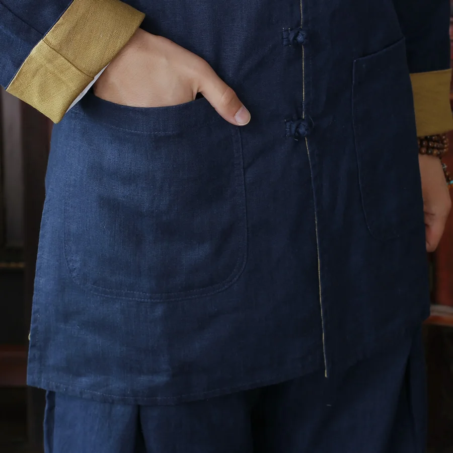 Синяя и Золотая Китайская традиционная Мужская двухсторонняя хлопковая льняная