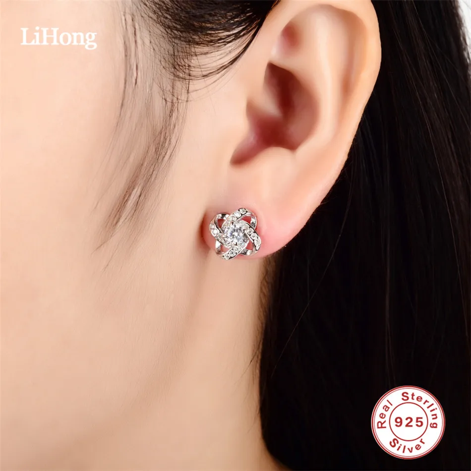 

925 Sterling Silver Weave Round Shape Stud Earrings for Women Clear Cubic Zirconia Fashion Anniversary Jewelry