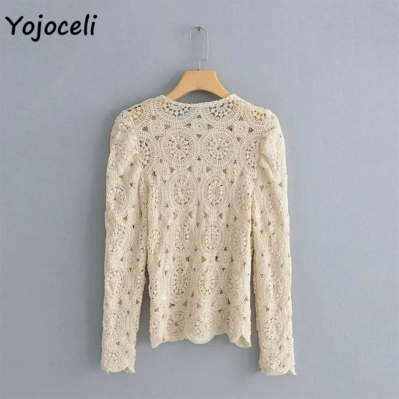Yojoceli,, летние кружевные вязанные крючком блузки, рубашки, топы для женщин, с цветочным узором, вязанные крючком рубашки, блузы, рубашки, уличная одежда