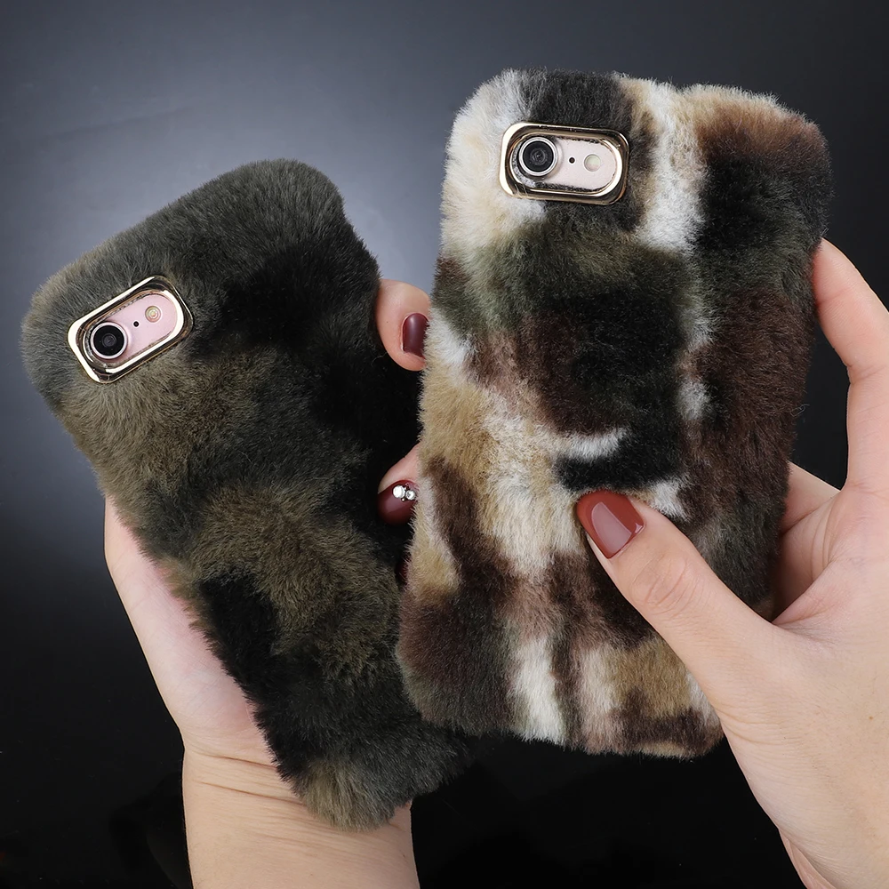 L-FADNUT For iPhone X Case Xr Xs Max 7 8 6 6S Plus 5 5S SE Cover Camouflage Army Green Plush Soft TPU Silicone Bumper Fur Cases |