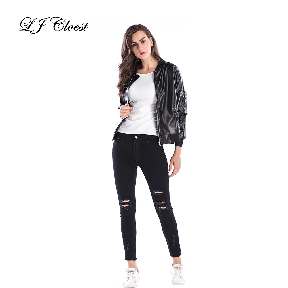 Женская Осенняя куртка из искусственной кожи черная повседневная в простом