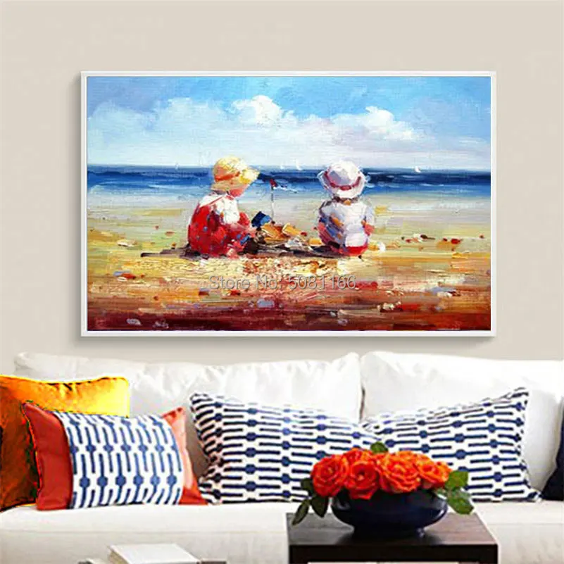 hand painted European style oil painting kids on beach canvas wall picture sea view pictures for living room | Дом и сад