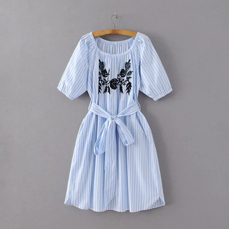 Новинка 2019 года для женщин синий в полоску летнее платье с открытыми плечами