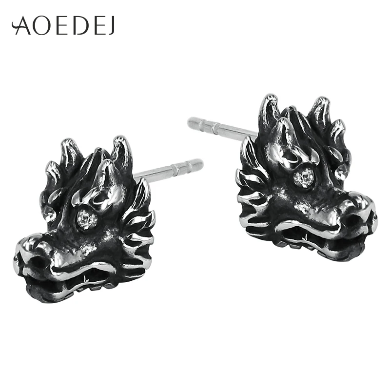 

AOEDEJ Dragon Head Mens Earrings Studs Black Stainless Steel Men's Earrings Jewelry Crystal Small Ear Studs Brinco Masculino