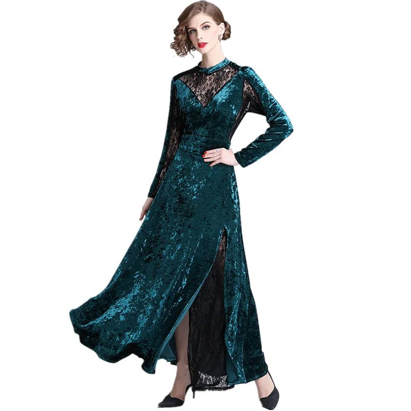 HAMALIEL модное зеленое бархатное лоскутное кружевное длинное платье весеннее