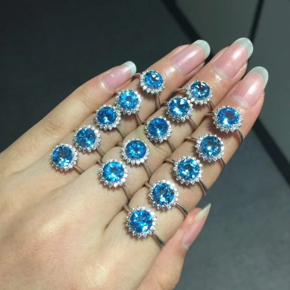 Dia 7mm Carat Natural Blue Topaz Gem Stone Ring Women Solid 925 Sterling Silver Band Original Jewelry Engagement Bijou Gift | Украшения и