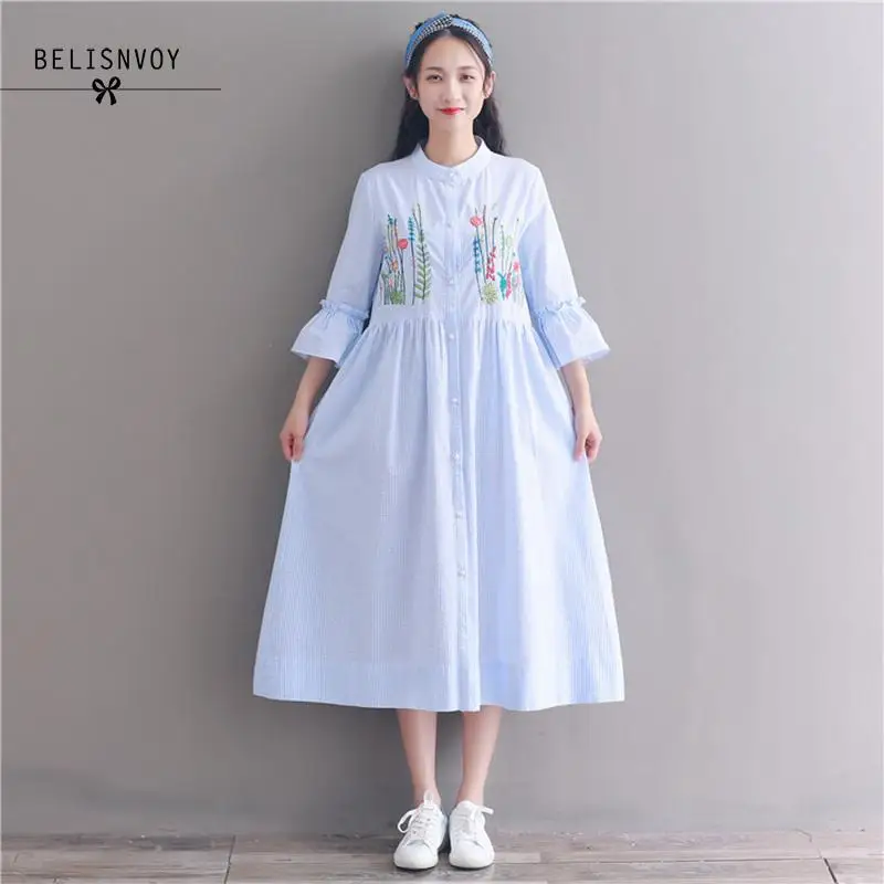 Платье женское в полоску с цветочной вышивкой длинное винтажное