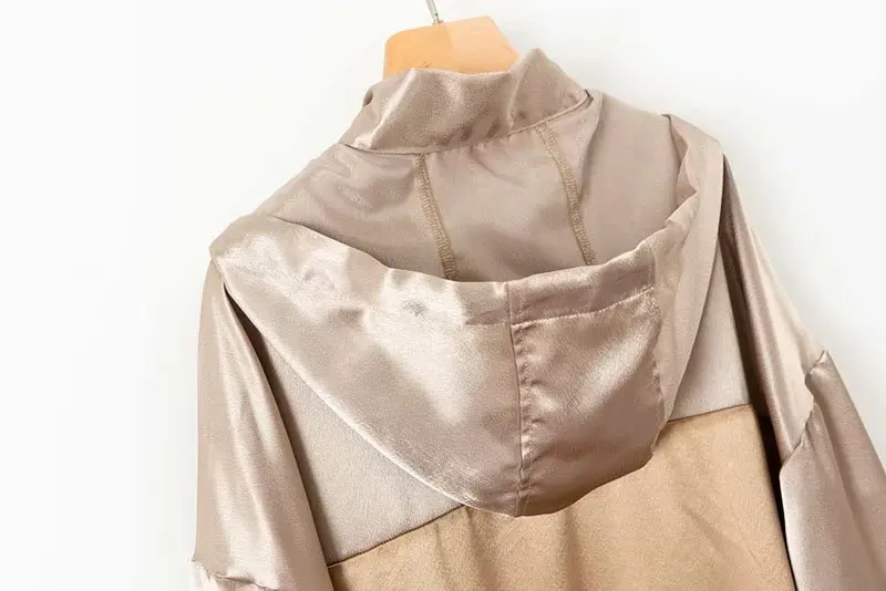Elegant patchwork hooded loose jacket oversized pockets Drawstring tie coat ladies outerwear casual chic tops | Женская одежда
