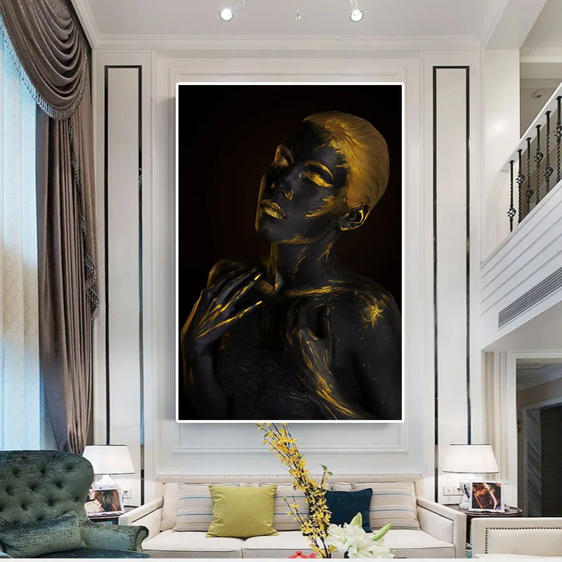 

Golden Fashion Black African Nude Woman Oil Painting on Canvas Posters and Prints Scandinavian Wall Art Picture for living room