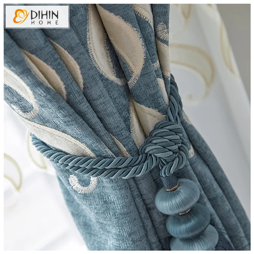 Роскошные вышитые затемняющие шторы синего цвета для гостиной индивидуальные на