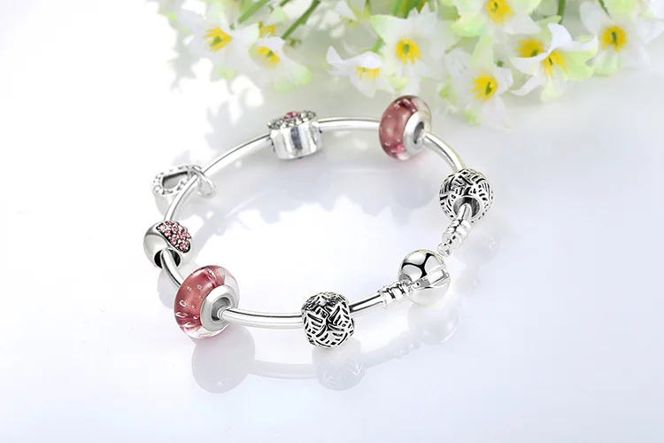 AliExpress, горячее предложение, серебряный, розовый браслет в форме сердца для женщин, модный, сделай сам, бисер, подходит к оригинальному браслету, ювелирное изделие, подарок для влюбленных, XCH3805