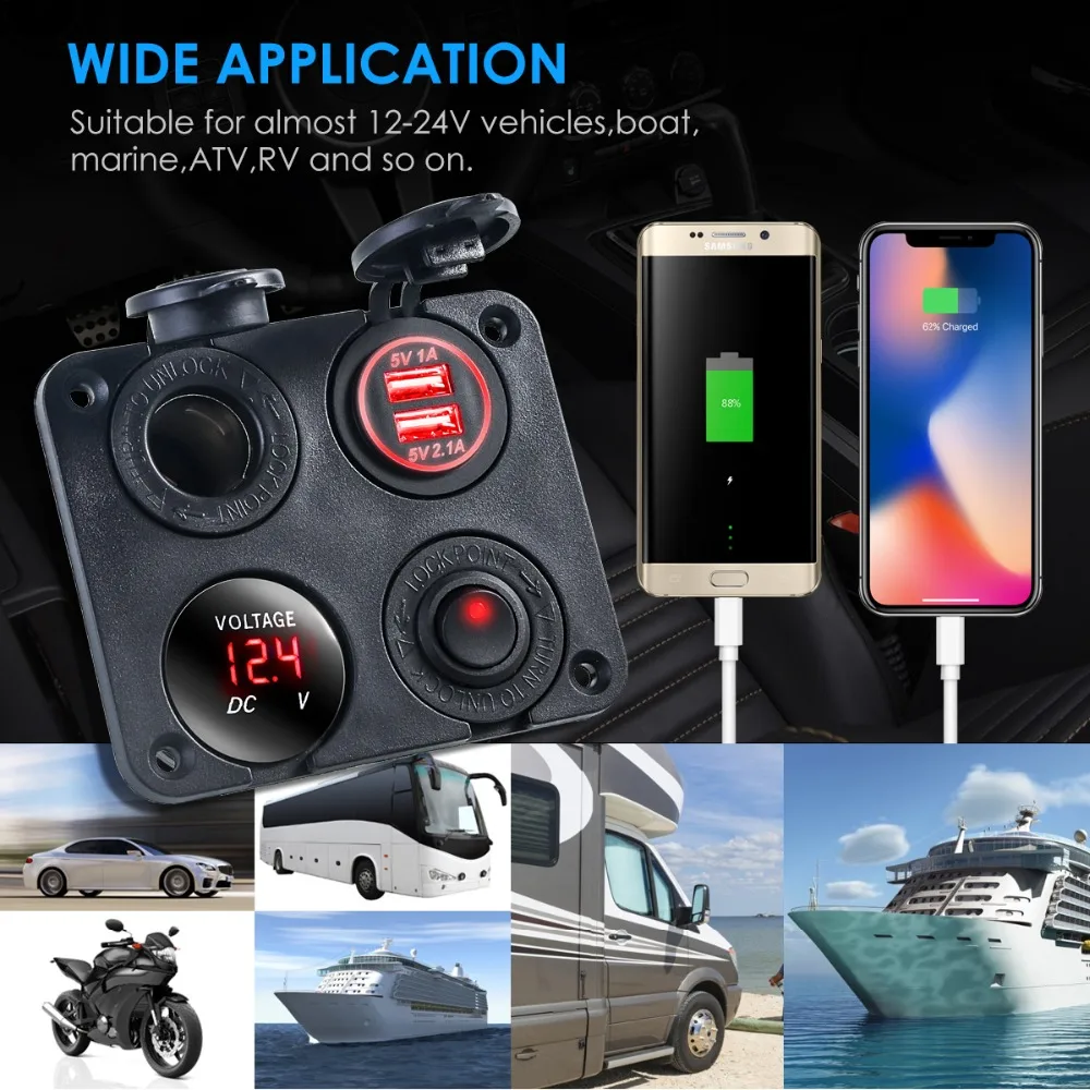 SOONHUA автомобиля Лодка прикуривателя Dual USB Зарядное устройство Водонепроницаемый вольтметр ж/тумблер Зарядное устройство с индикатором