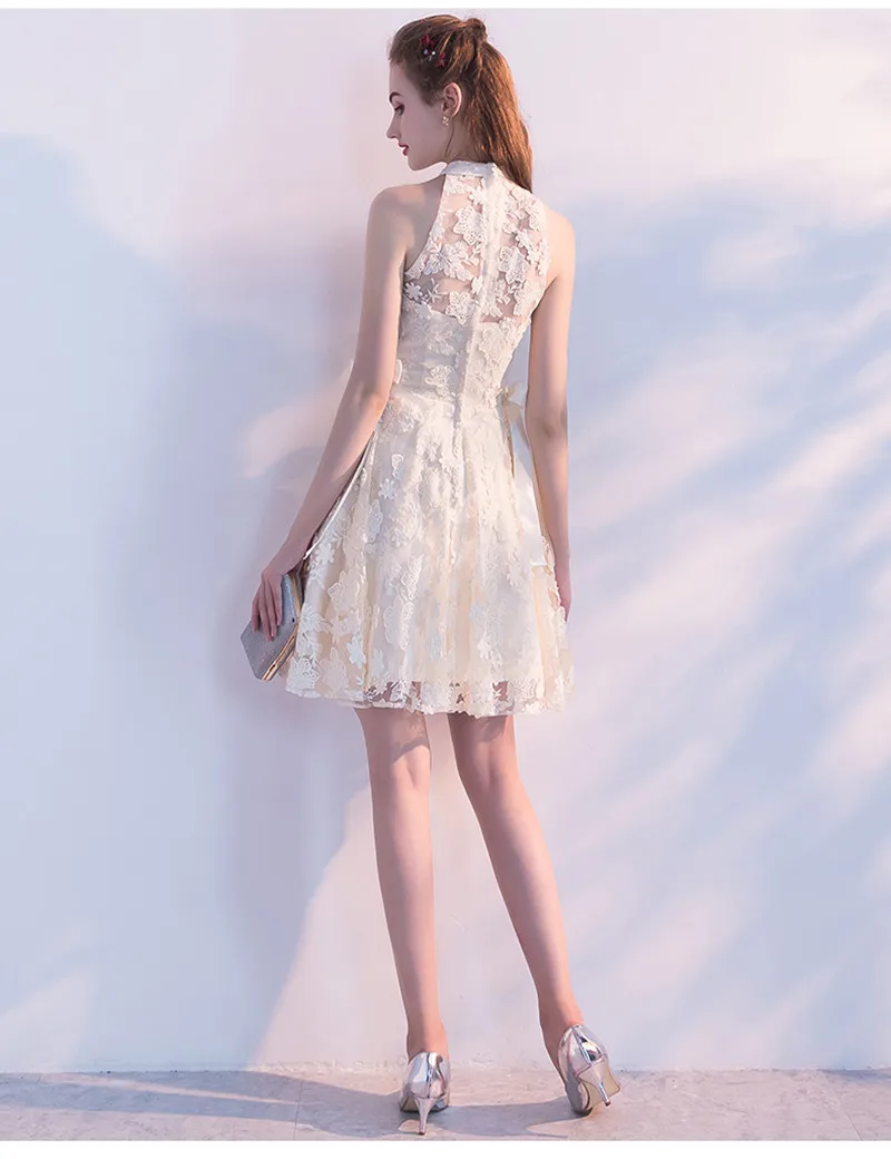 Винтажные кружевные короткие мини-Выпускные платья vestido de festa Совок галстук-лента женские вечерние платья для женщин