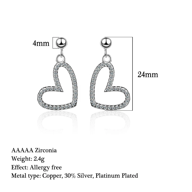 

Hollow Cute Heart Zirconia Crystal Earrings Rose Gold Drop Earrings Fashion Wedding Party Jewelry Gift for Women brincos
