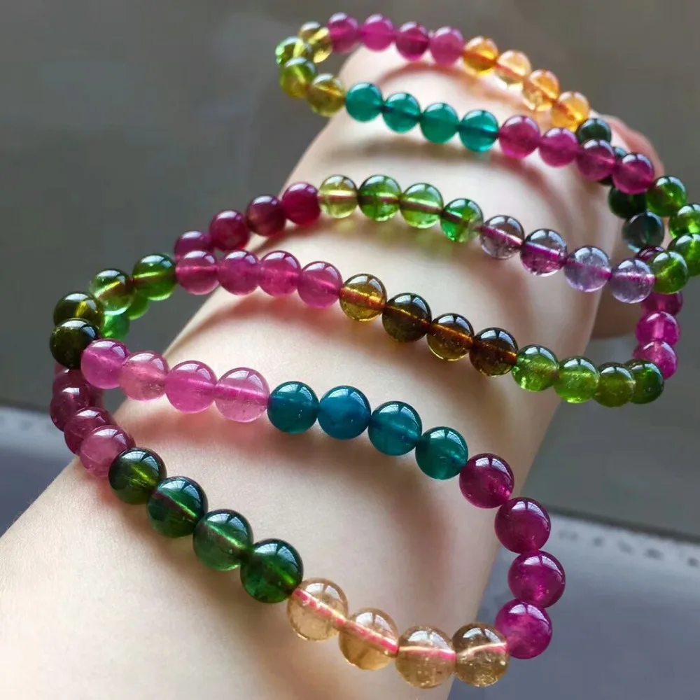 Genuine Natural Colorful Tourmaline Crystal Bracelet Fashion Woman Necklace Stretch 6.5mm Clear Round Beads 3 Laps AAAAA | Украшения и