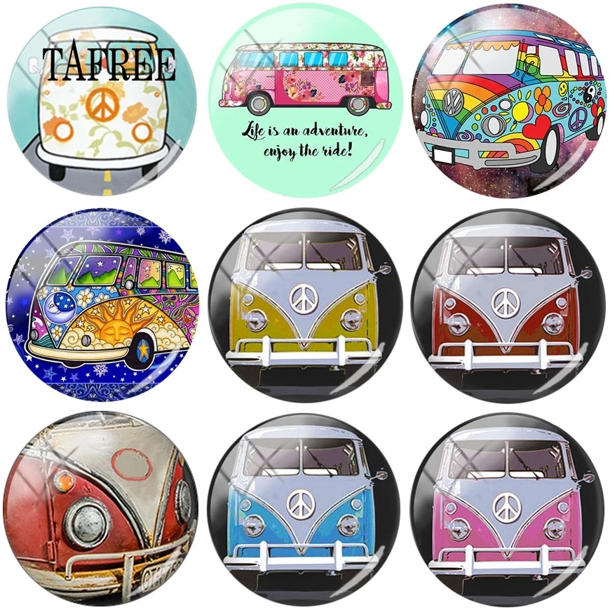 

TAFREE Hippe Peace Van Bus Round Shape DIY Glass Cabohcon 25mm Art Picture Demo Flat Back Making Finding For Bracelets Keychains
