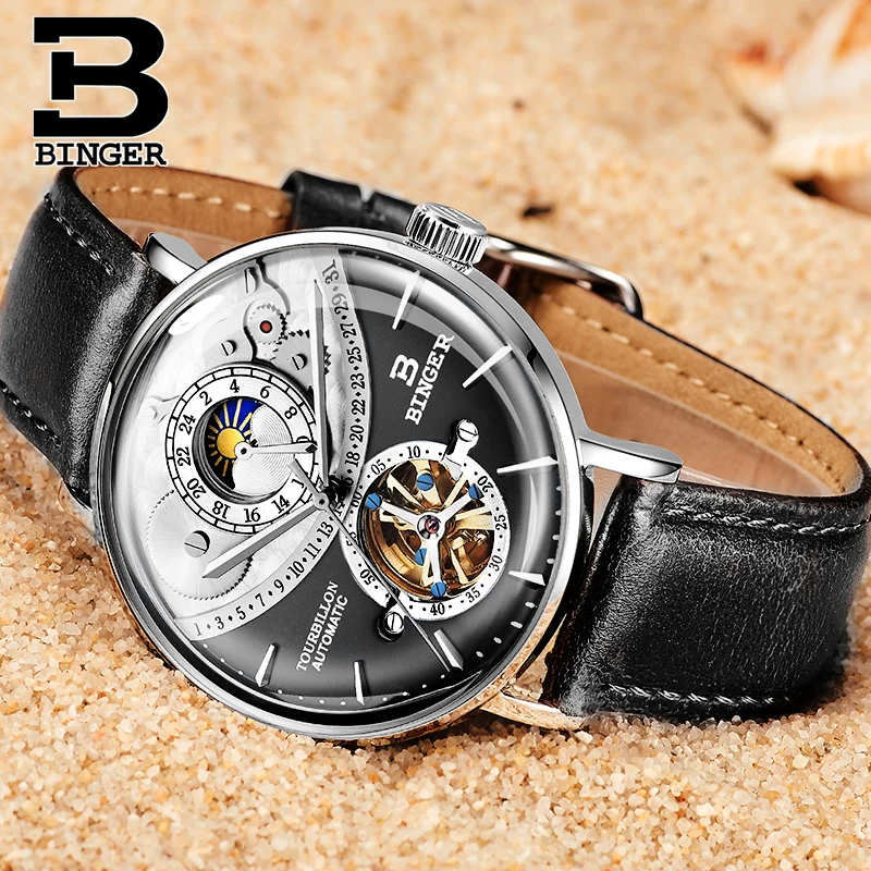 Оригинальные Роскошные Брендовые мужские часы Бингер с кожаным ремешком