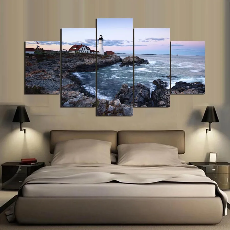 Печатная живопись для гостиной домашний декор 5 панелей маяк модульный постер с