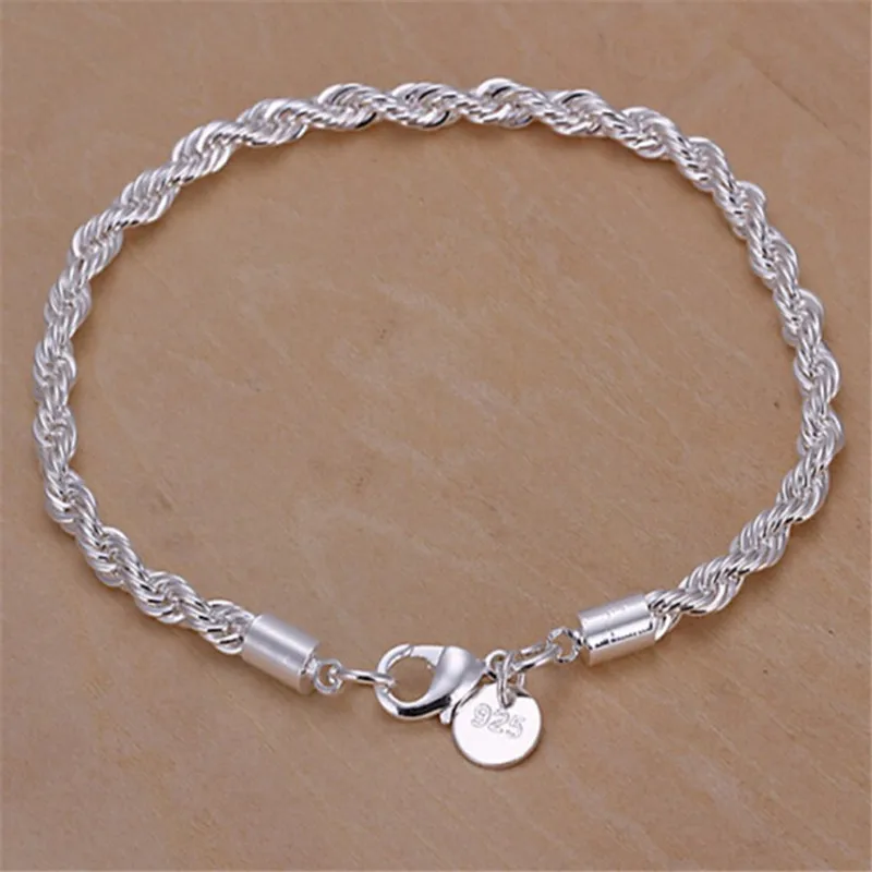 

cute925 Silver Fashion 4MM Rope solid chain women men party Bracelet jewelry