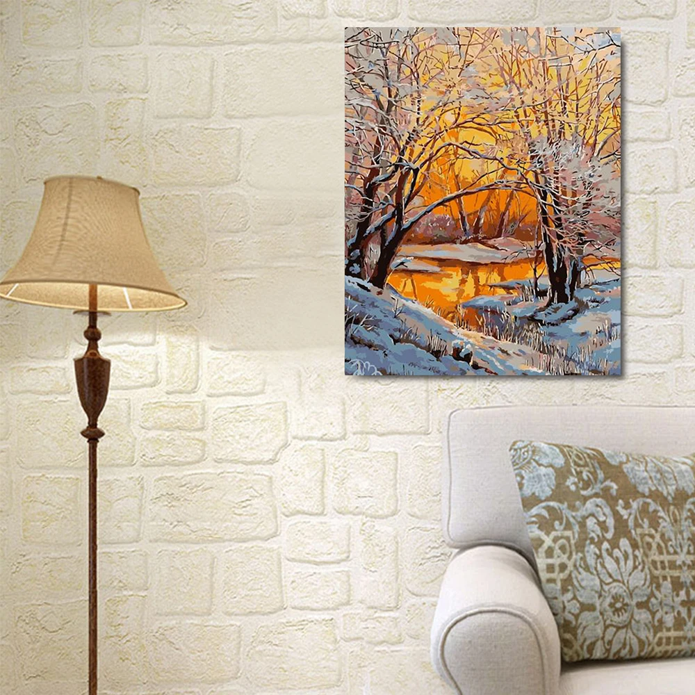 Зимний закат пейзаж краска по номеру наборы Forest DIY Краска ing Картина на холсте