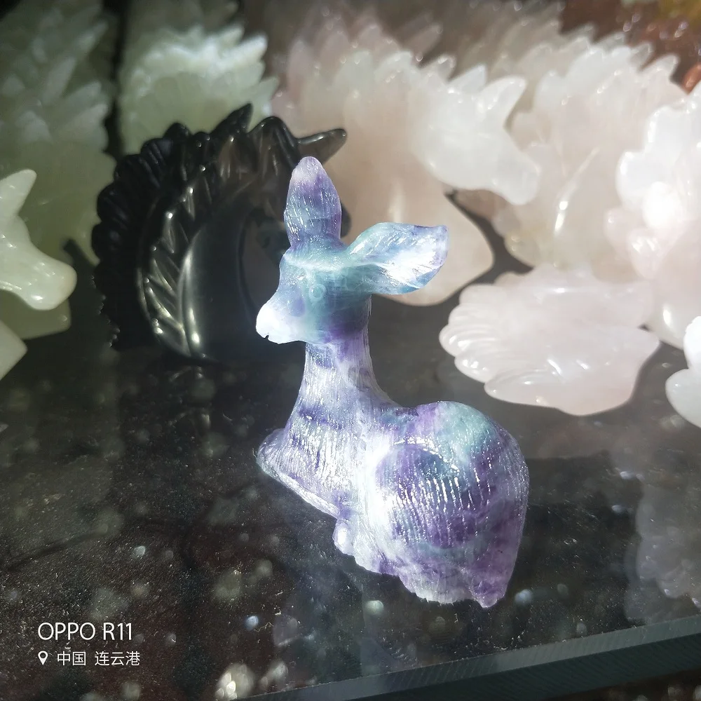 Natural Crystal Stone Fluorita Cristal Deer Cute Animal Cristalino Colorido Ciervos Curacion Regalo Navidad | Дом и сад
