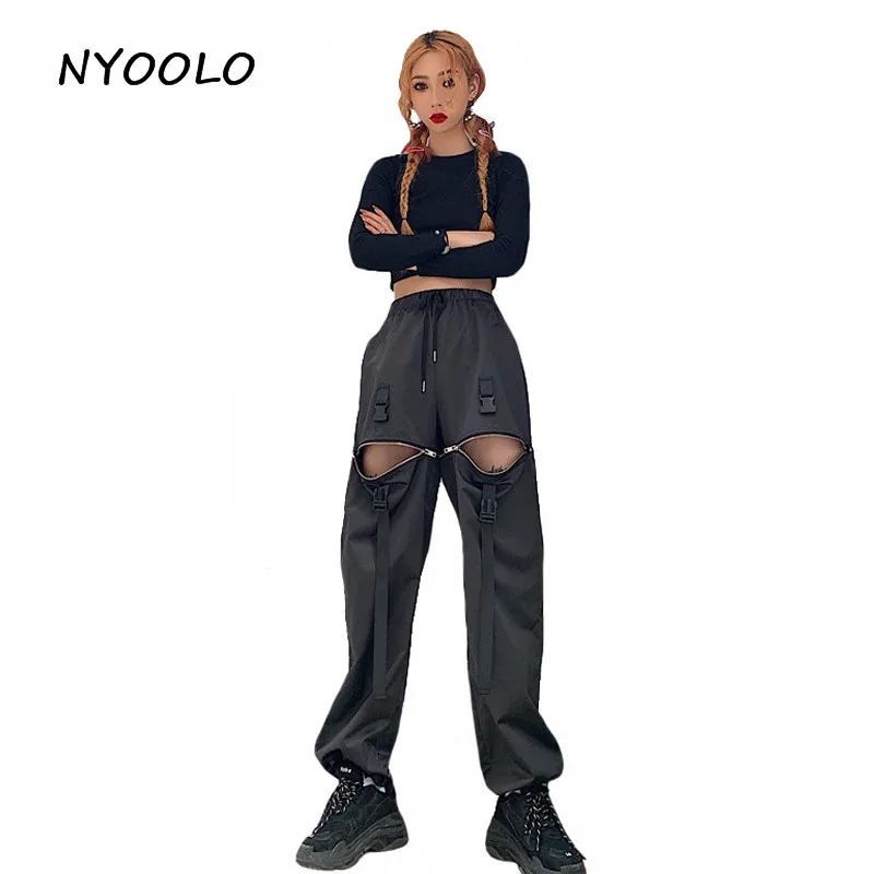 NYOOLO Летние черные лоскутные брюки с высокой талией, повседневные длинные брюки-карго с эластичной резинкой на талии на молнии для женщин и мужчин, уличная одежда для бега - Цвет: Черный