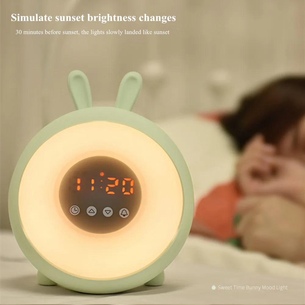 

Rabbit Alarm Clock Touch Silicone Bunny Lamp Snooze Sunrise Sunset Mode Dimmable Colorful LED Night Light for Children Baby Gift