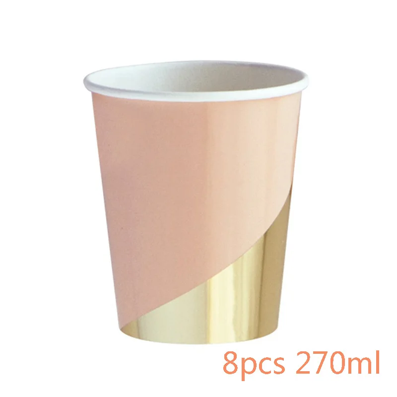 pink gold cup 8 шт./лот красочные бумажные стаканы в полоску и тарелки для свадьбы, дня рождения украшения Baby Shower фестиваль для детей посуда вечерние поставки - Цвет: pink gold cup