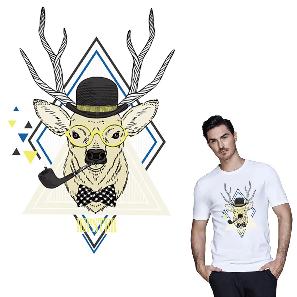 

18X26CM Tobacco pipe deer iron on A-level patches Heat transfer Pyrography for DIY T-shirt bags Decoration printing washable