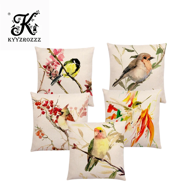 

Watercolor Cute Birds Robin Tit Finch Hummingbird Goldfinch Chickadee Cardinal Kingfisher Flowers Cushion Cover Sofa Pillow Case