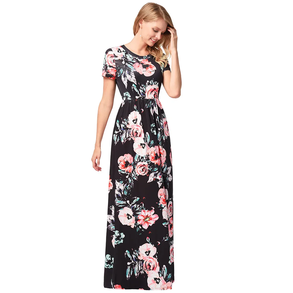 Женское пляжное платье с короткими рукавами длинное круглым вырезом и кулоном