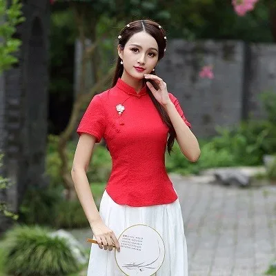 red SHENG Коко китайский Винтаж Костюмы костюм Guzheng Cheongsam Чай топы, летний льняной костюм Традиционный китайский Стиль рубашки Для женщин - Цвет: red
