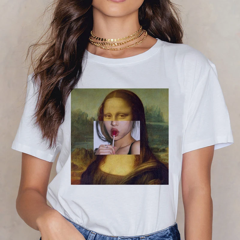 Новинка, Mona Lisa, 90 s, футболка для женщин, модная, Ретро стиль, Винтажная футболка, стильная, эстетическая, Harajuku, футболка, Ullzang, белая, женская футболка