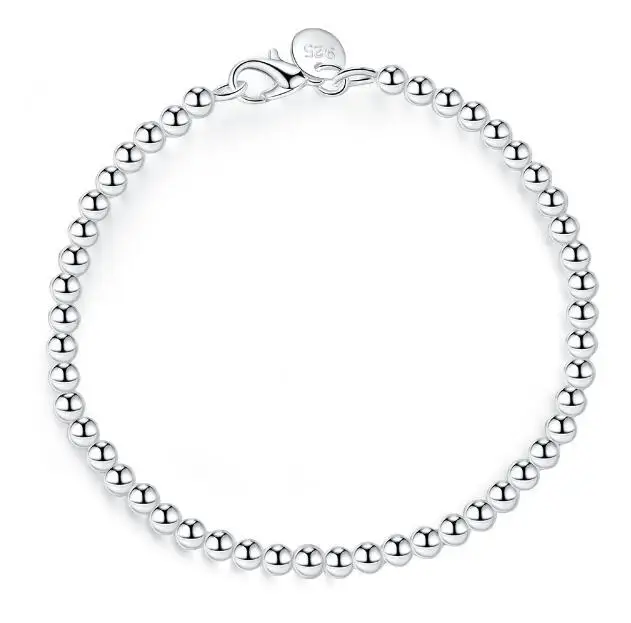 Silver LEKANI,, 925, цельное Настоящее серебро, мода, 4 мм, бусины, браслет-цепочка, 20 см, для девушек-подростков, женщин, подарок, хорошее ювелирное изделие - Цвет камня: Silver