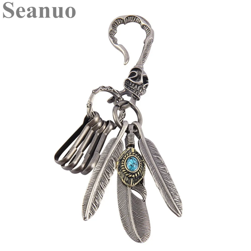 Seanuo,, панк, животное, перо, под старину, серебряное, большое, крюк, брелок для мужчин, Ретро стиль, скелет, Череп, голубой камень, мужской, автомобильный брелок