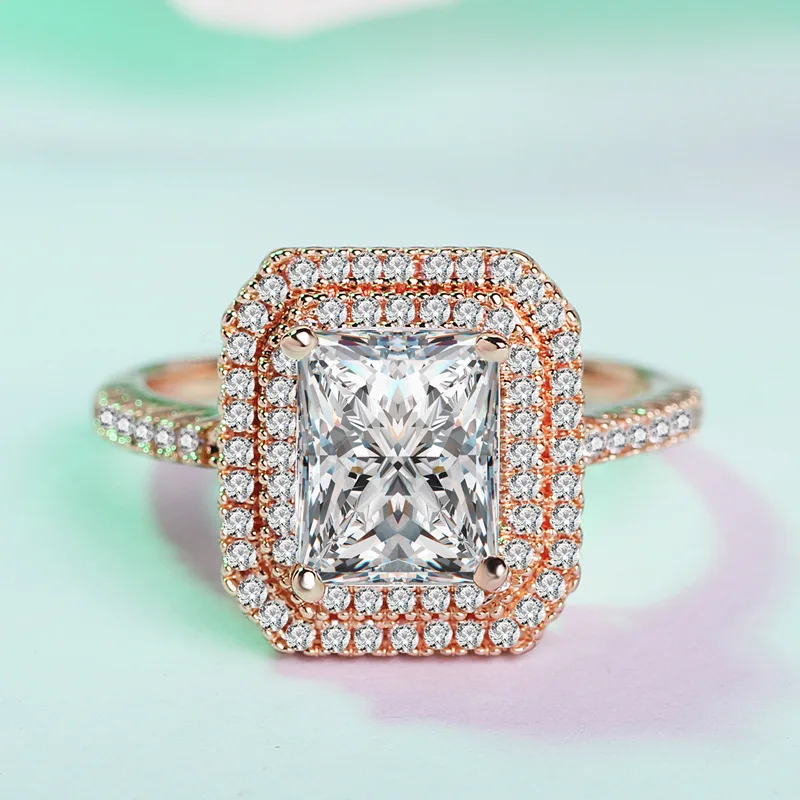 Geometric Rectangle Rose Gold Wedding Ring for Women Micro-inlaid Simulation Fashion Jewelry Engagement Love Rings Gift | Украшения и