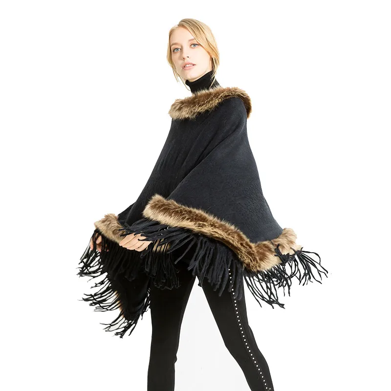 Женская накидка с воротником из искусственного меха шаль кисточками и каймой
