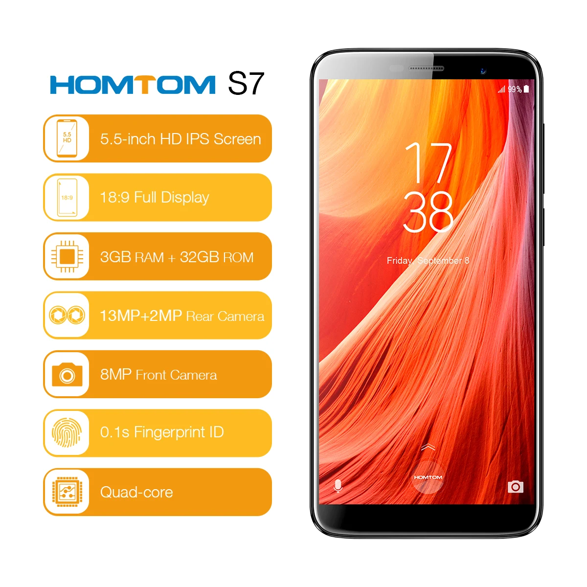 HOMTOM S7 5 дюймов 18:9 ips полный Дисплей HD смартфон mtk6737 четыре ядра двойная задняя Cam 3