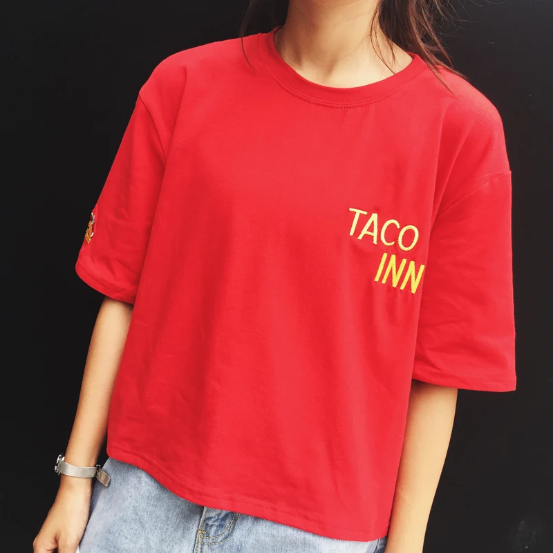 2017 Женщин Harajuku Опрятный Стиль Письма Вышивка TACO INN Гамбургер Футболка Короткий
