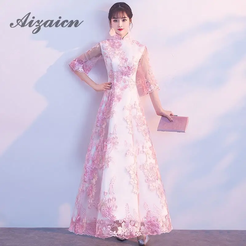 Китайское элегантное платье Ципао современное розовое кружевное сексуальное