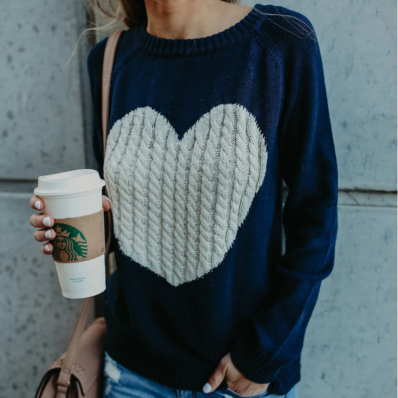2019 New Arrival Women Autumn Winter Sweater O-neck Long Sleeve Knitted Jumper Short With A Loving Hear Sweaters | Женская одежда