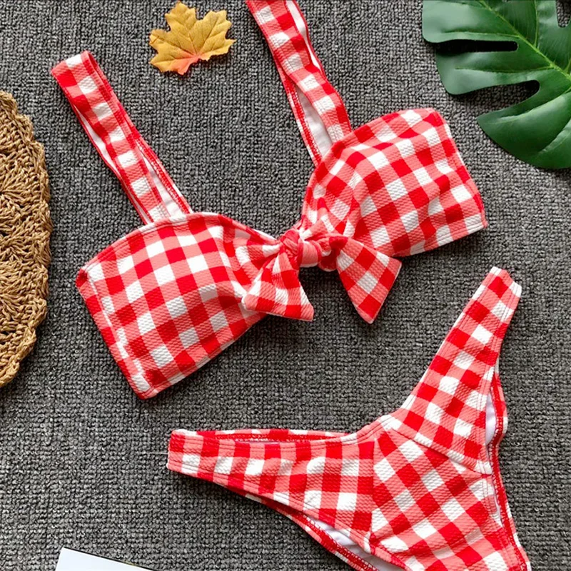 Сексуальный розовый купальник в клетку, на бретелях, женский купальник, 2 шт., топ с бретельками, бикини, набор, пуш-ап, бикини, женский бюстгальтер с подкладкой, купальник