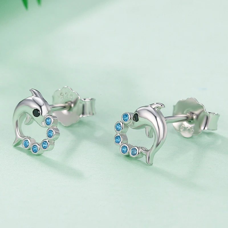 HoHangFuk Unique 925 Sterling Silver Cute Dolphin Animal With Blue Zircon Stud Earrings for Women Jewelry | Украшения и