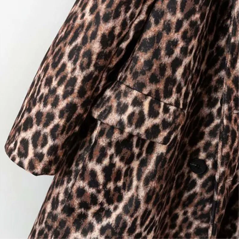 Для женщин животных печати леопарда шерстяное пальто пикантные карман с