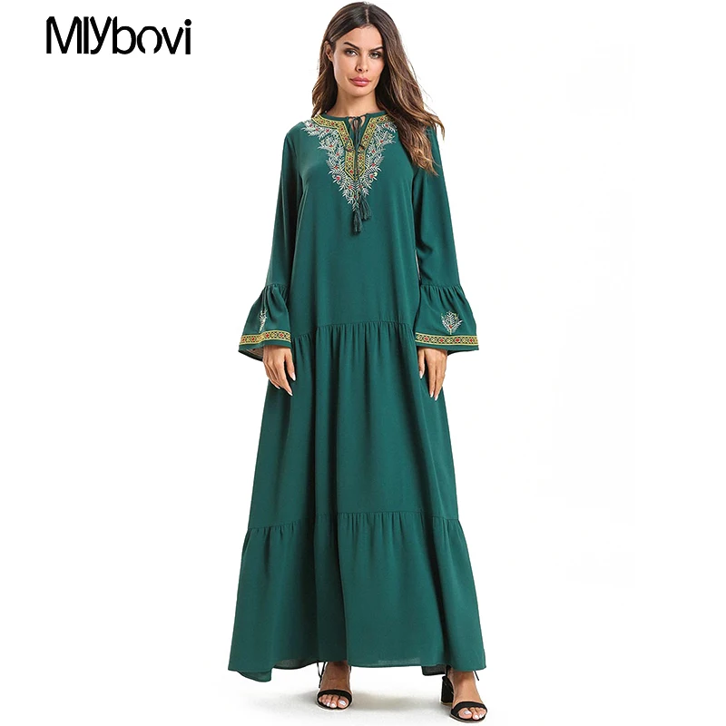 Зеленое мусульманское платье с вышивкой Abaya повседневные длинные халаты кимоно